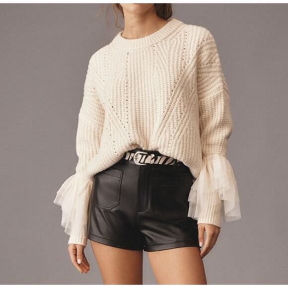 Anthropologie Tulle-Sleeve Pullover Knit Sweater Cream Medium - Picture 1 of 6